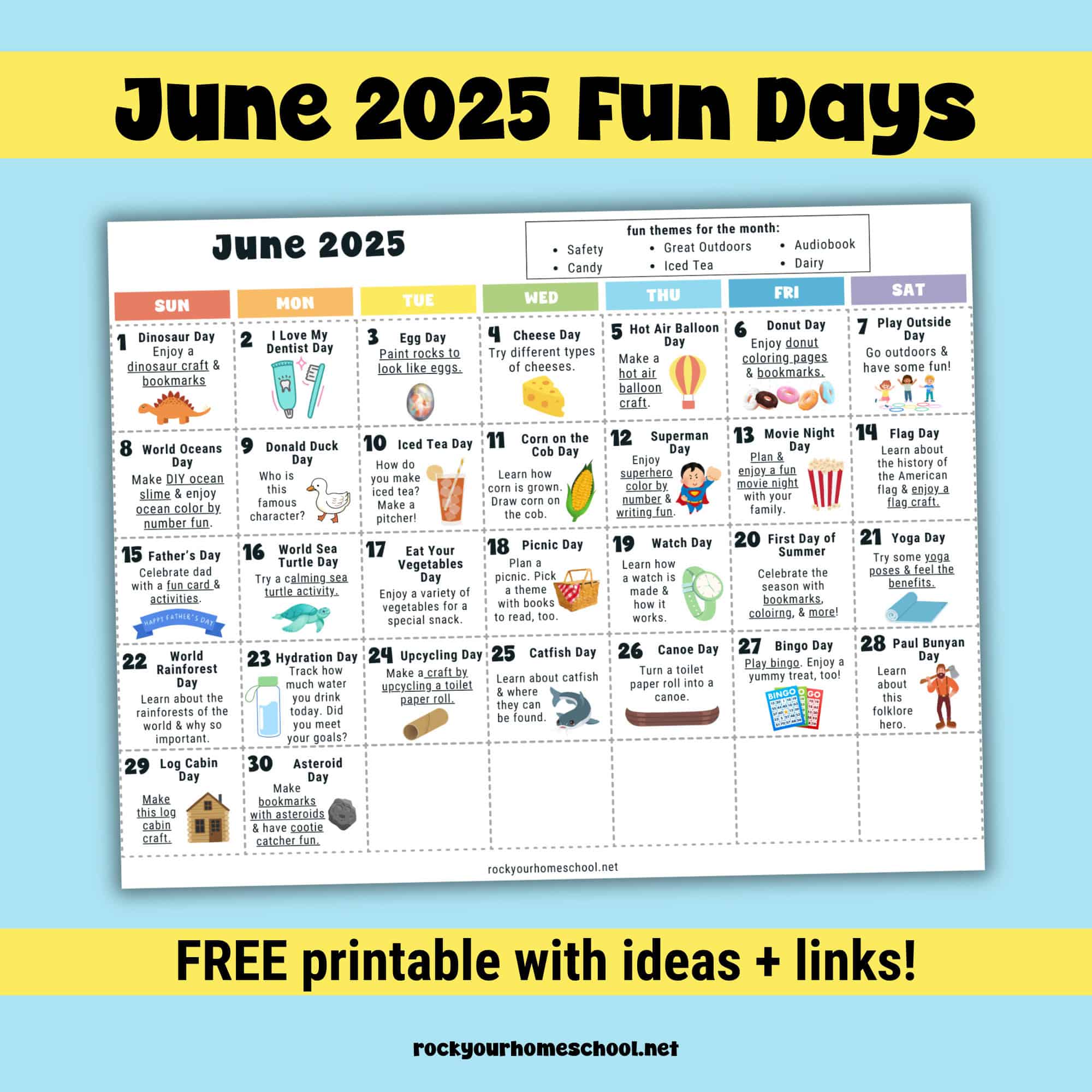Example of free printable June 2025 Fun Days calendar page.