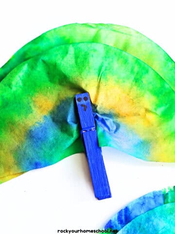 Example of coffee filter peacock with blue clothespin.