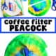 Coffee filters, scissors, paint brush, blue paint, markers, clothespins and example of coffee filter peacock.