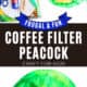 Coffee filters, scissors, paint brush, blue paint, markers, clothespins and example of coffee filter peacock.