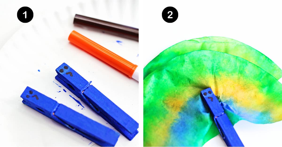 Blue clothespins with markers and eyes and beak with example of coffee filter peacock craft.