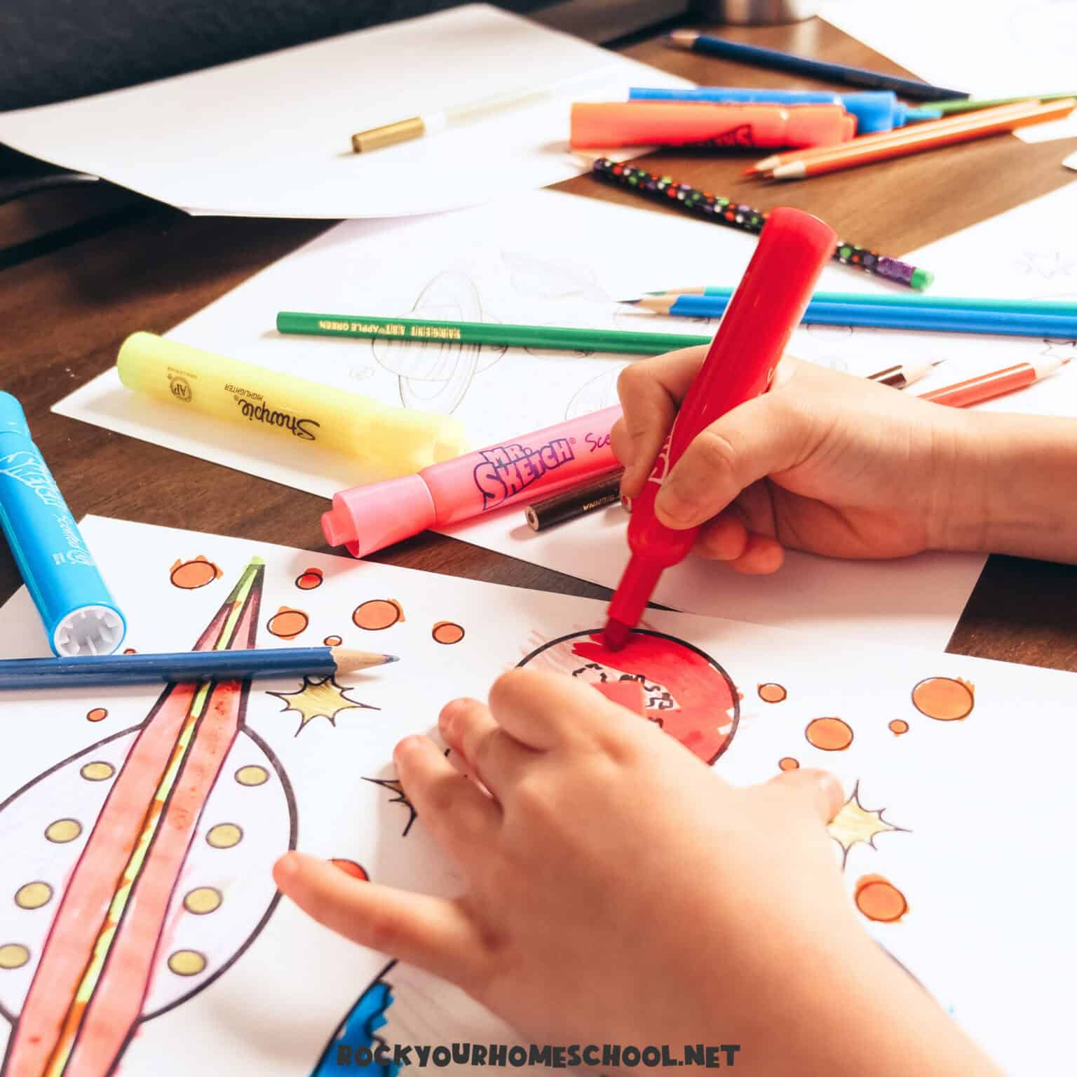Child using marker to draw pictures for easy and quick homeschool ideas.