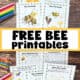 Woman holding examples of free bee printables with fun activities like bee life cycle, anatomy, word search, word scramble, interesting facts, and more.