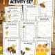 Eight examples of free bee printables with word search, word scramble, bee life cycle, bee anatomy, interesting facts, and more.