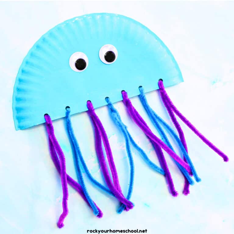Example of paper plate jellyfish craft with blue and purple pipe cleaners and googly eyes.