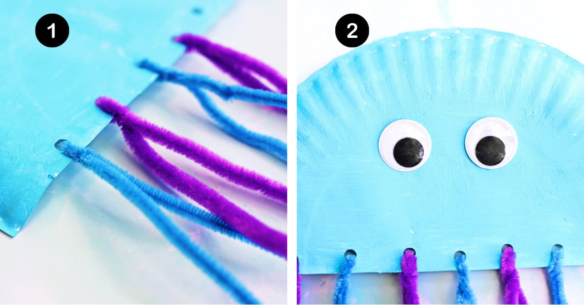 Blue and purple pipe cleaners looped through holes at bottom of paper plate jellyfish craft with googly eyes.