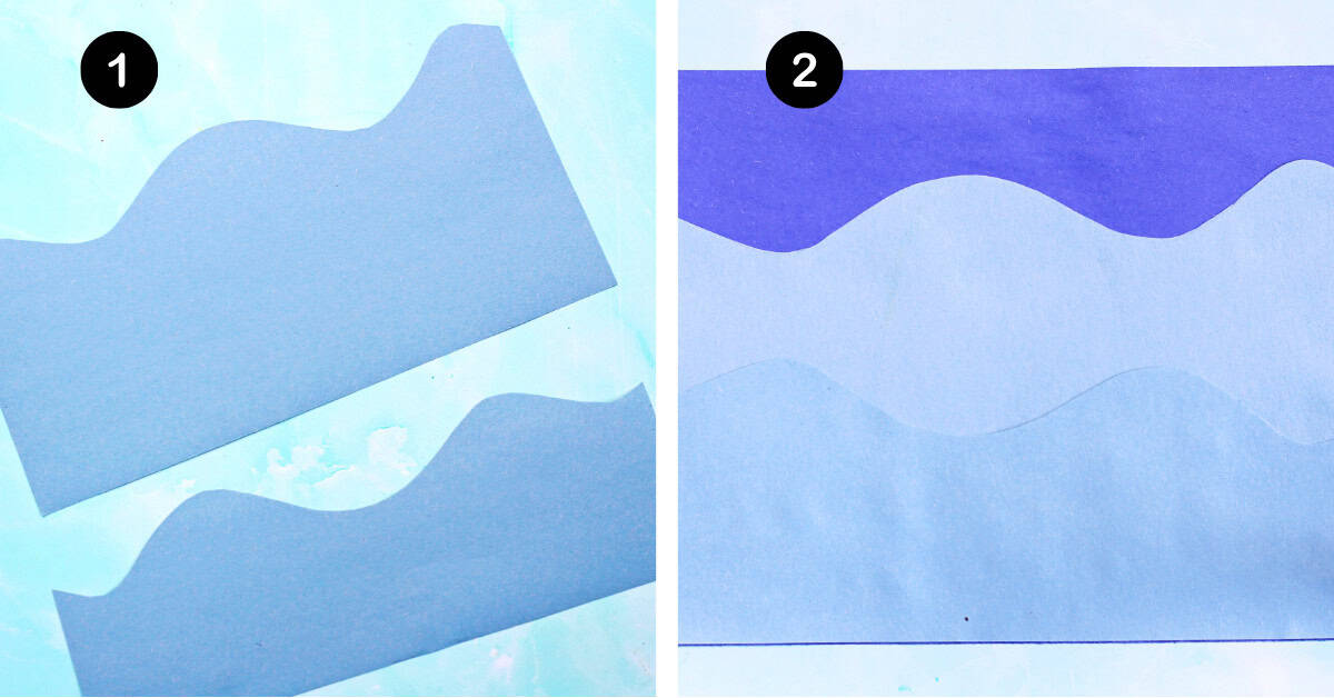 Pieces of blue construction paper cut into waves.