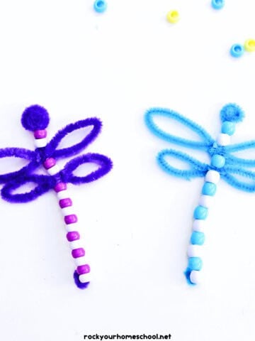 Two examples (in purple in blue) of pipe cleaner dragonflies.