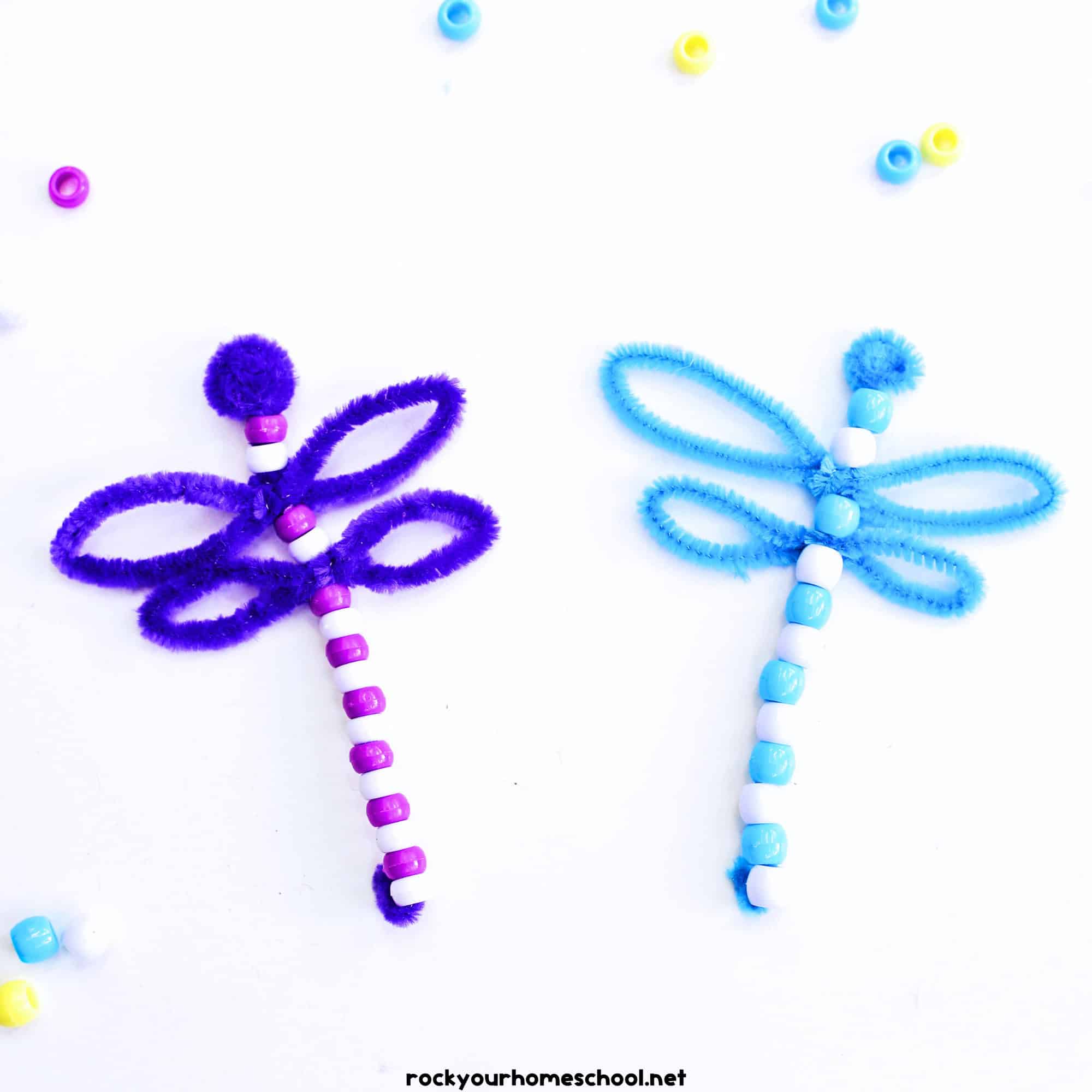 Two examples (in purple in blue) of pipe cleaner dragonflies.