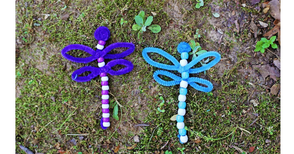 Two examples of pipe cleaner dragonfly crafts outside on grass.