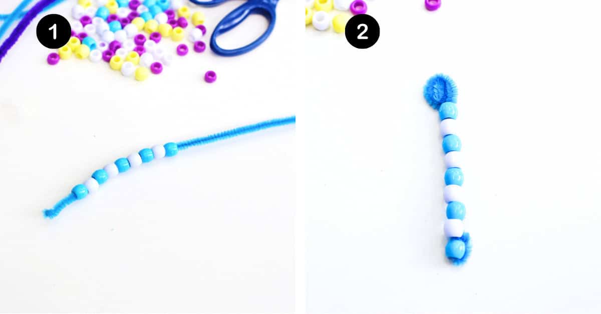 Blue pipe cleaner with white and blue pony beads.