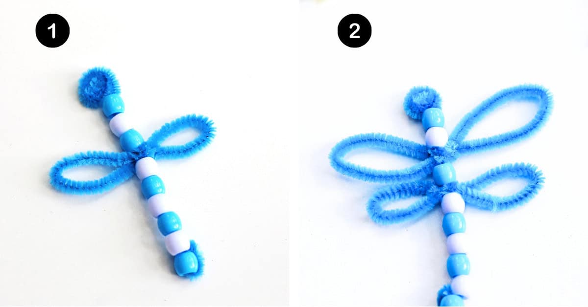 Blue pipe cleaners twisted into dragonfly shapes with pony beads.