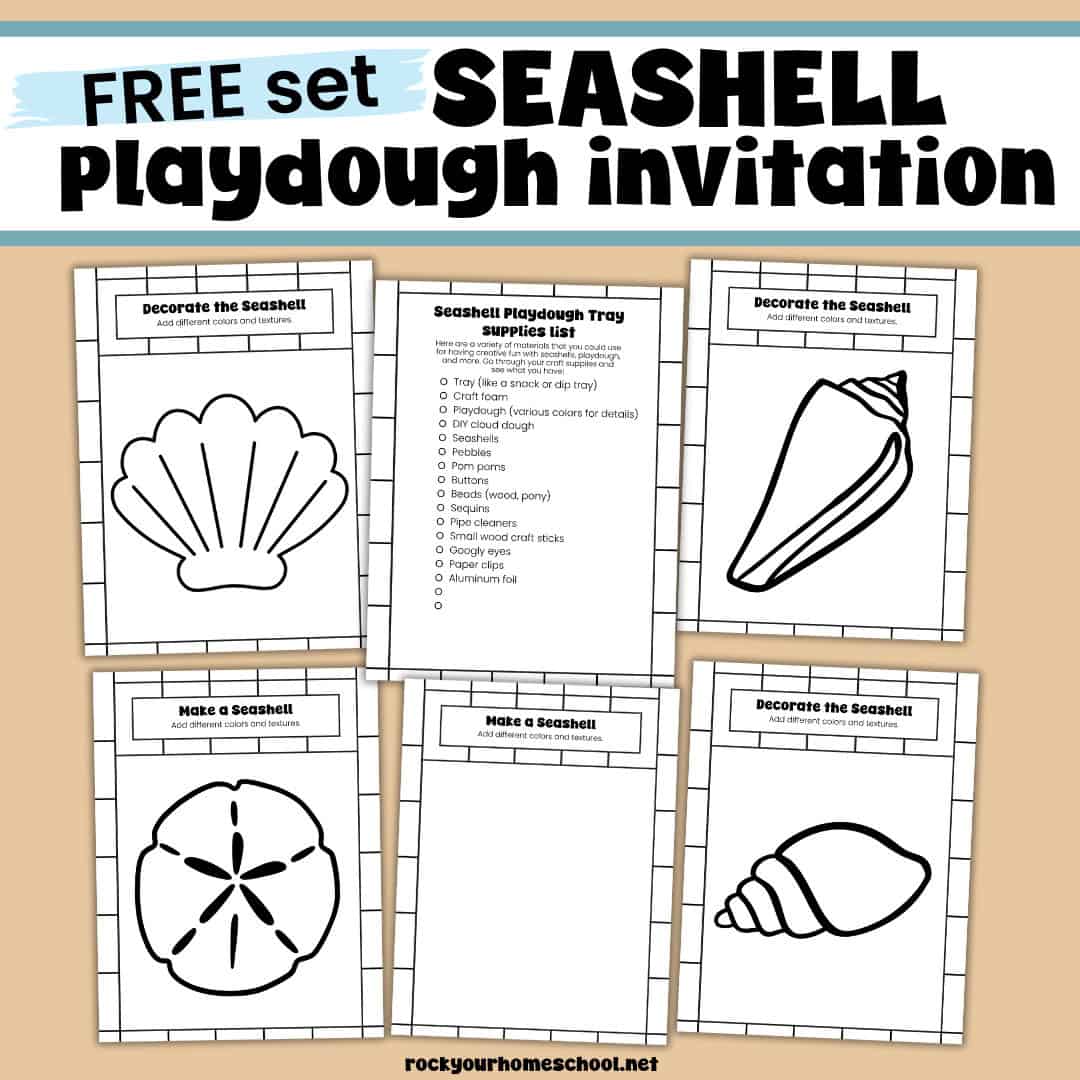 Examples of seashell playdough invitation list and seashell playdough mats.
