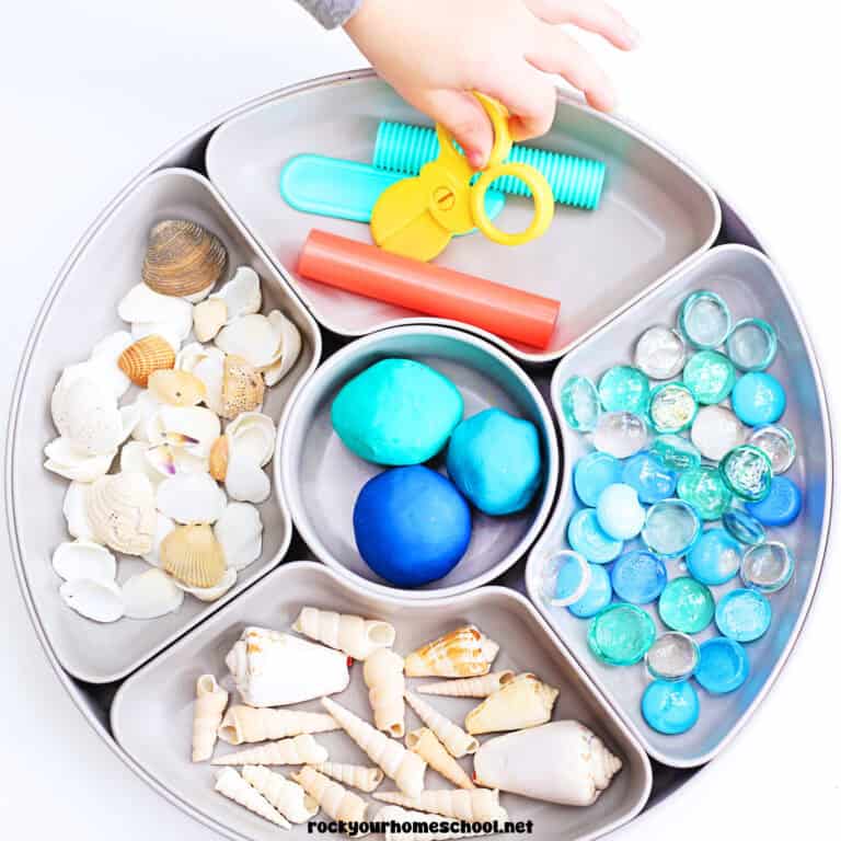 Child using seashell playdough invitation tray with seashells, 3 balls of blue playdough, pebbles, and playdough tools.