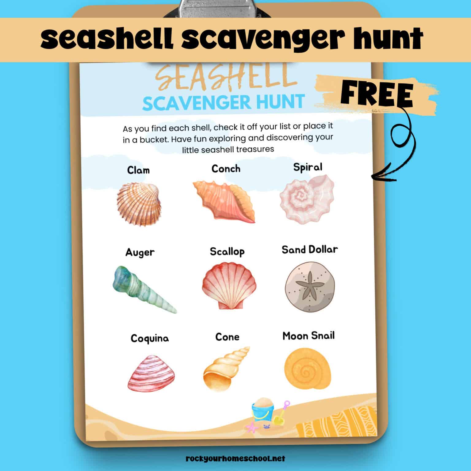 Seashell scavenger hunt on clipboard.