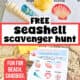 Shells on seashell scavenger hunt on sand and example on beach with sand castles.
