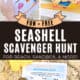 Shells on seashell scavenger hunt on the sand and with person holding the activity at the beach.