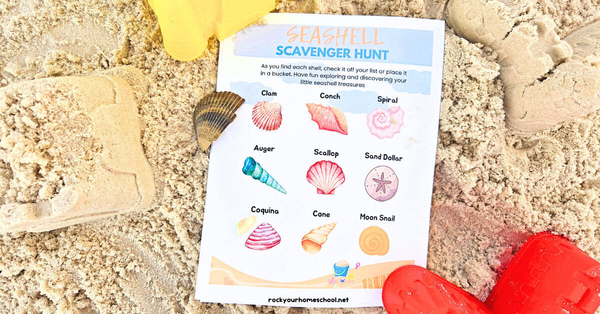Free printable seashell scavenger hunt activity on sand with sand castles and sand castle molds.