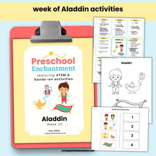 Cover on Preschool Enchantment's Aladdin unit study with guide and activities.