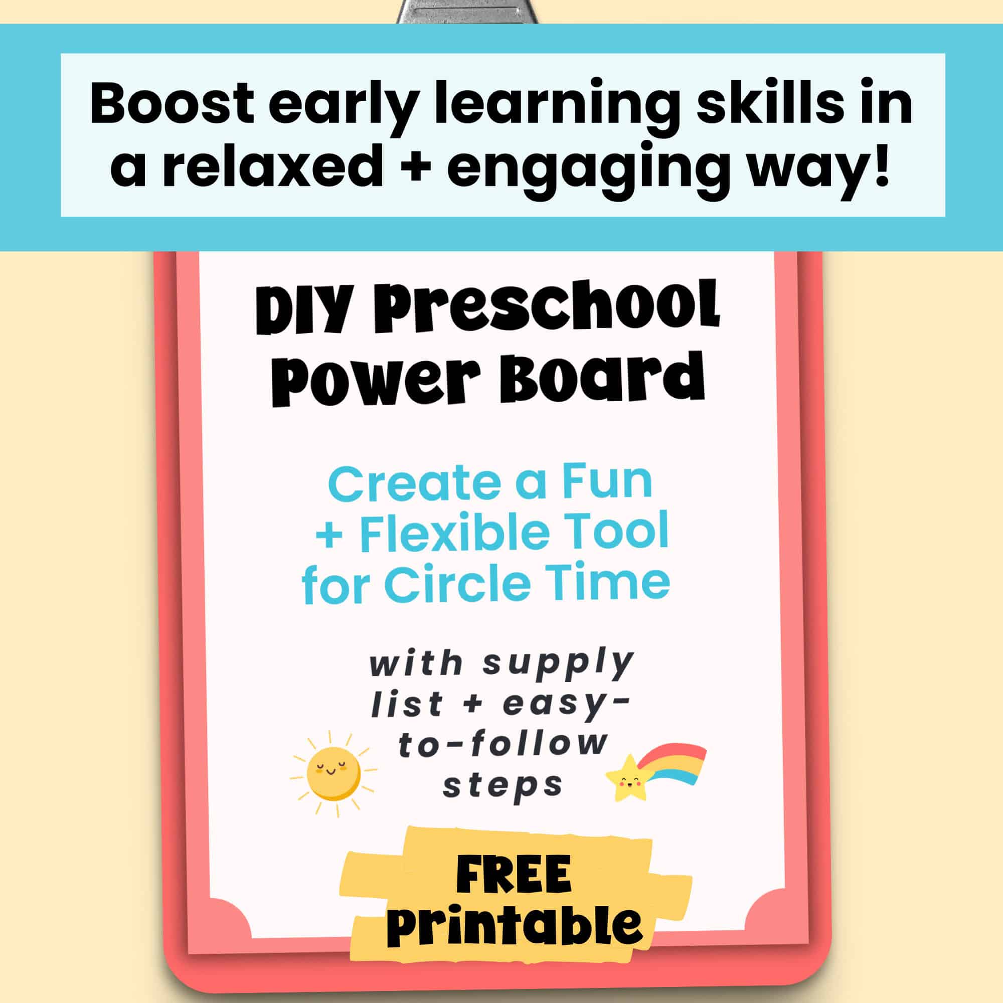 Cover of DIY Preschool Power Board starter pack on clipboard.