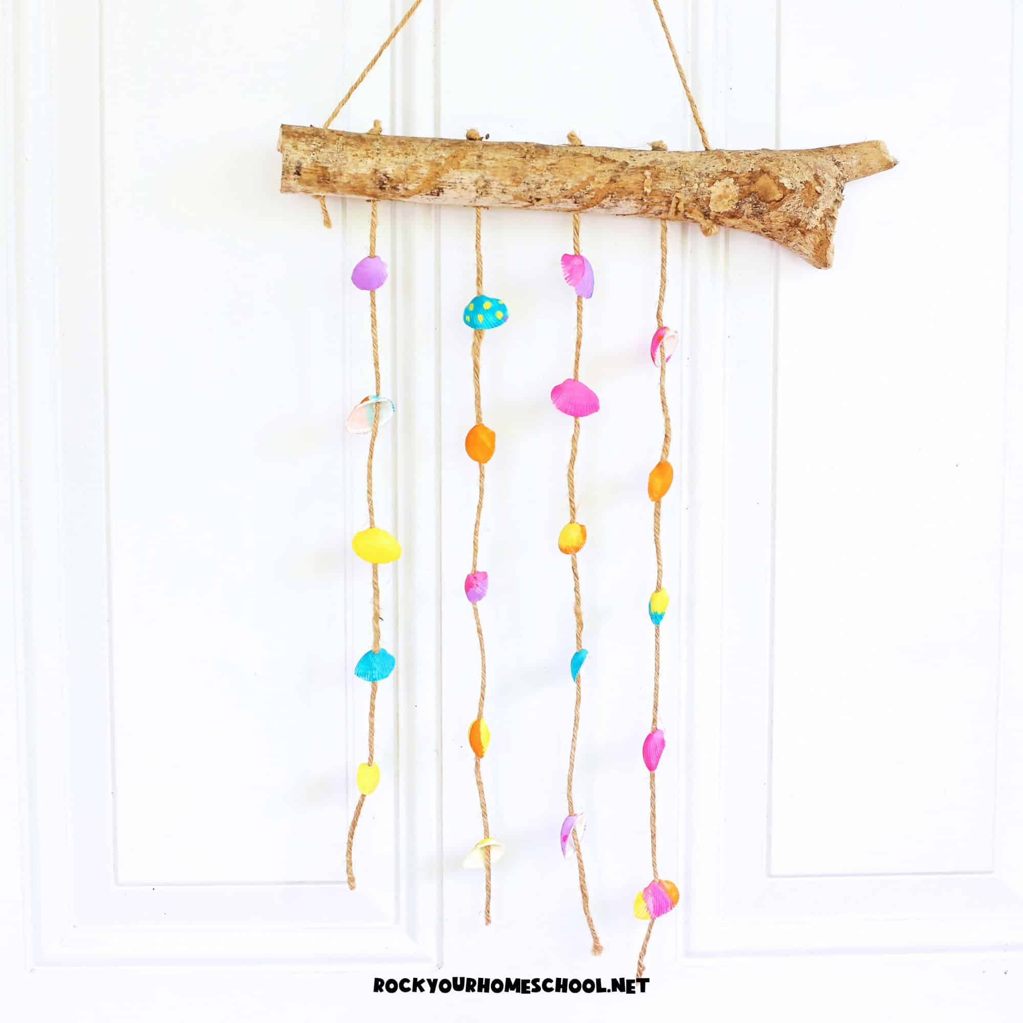 Example of DIY seashell wind chimes craft for kids.
