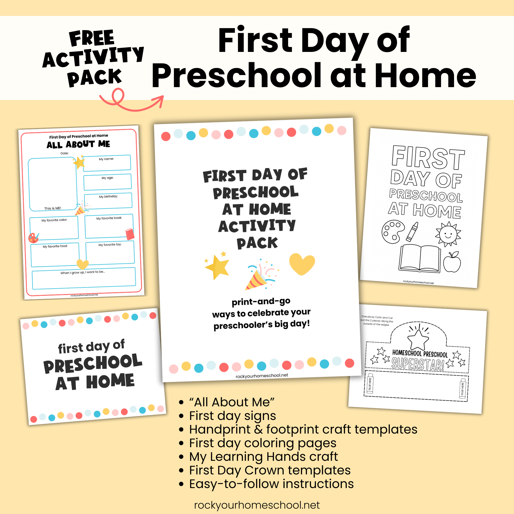 First Day of Preschool at Home activity pack cover, All About Me page, coloring page, first day of preschool at home sign, and crown template.