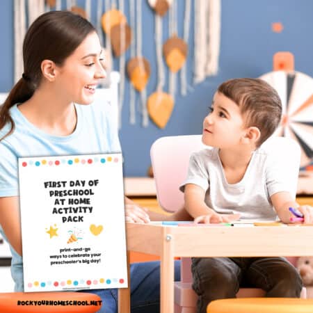 Mother and son at child's table to feature these first day of homeschool preschool activities and free printable activity pack.