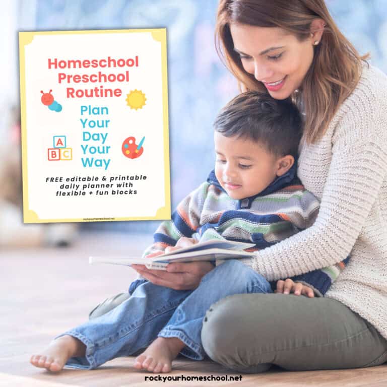 Child sitting on mom's lap as she reads book and cover of Homeschool Preschool Routine planning set.