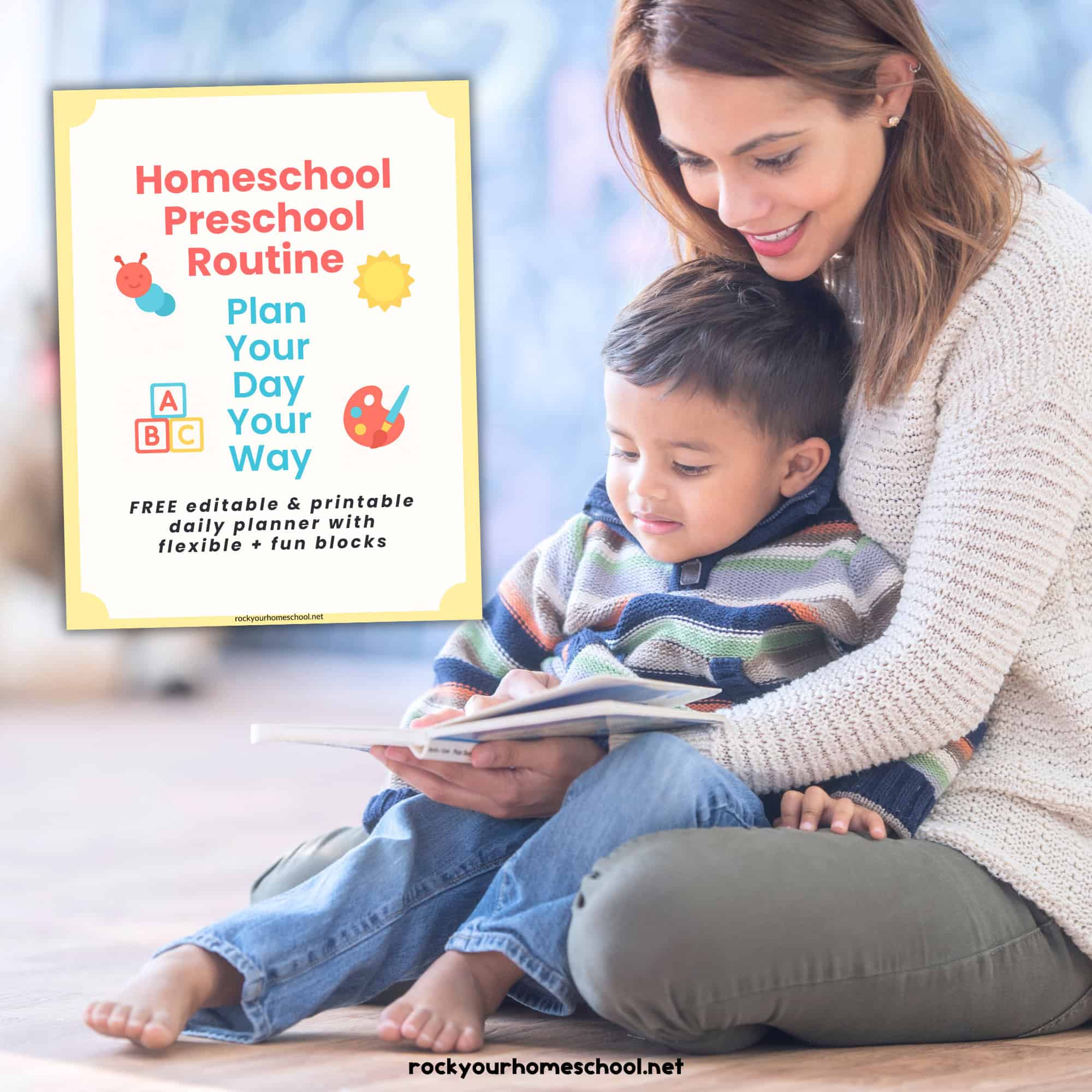 Child sitting on mom's lap as she reads book and cover of Homeschool Preschool Routine planning set.