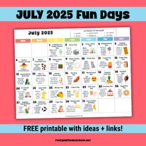 July 2025 Fun Days calendar in color and with links.