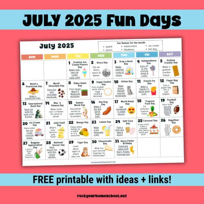 July 2025 Fun Days calendar in color and with links.