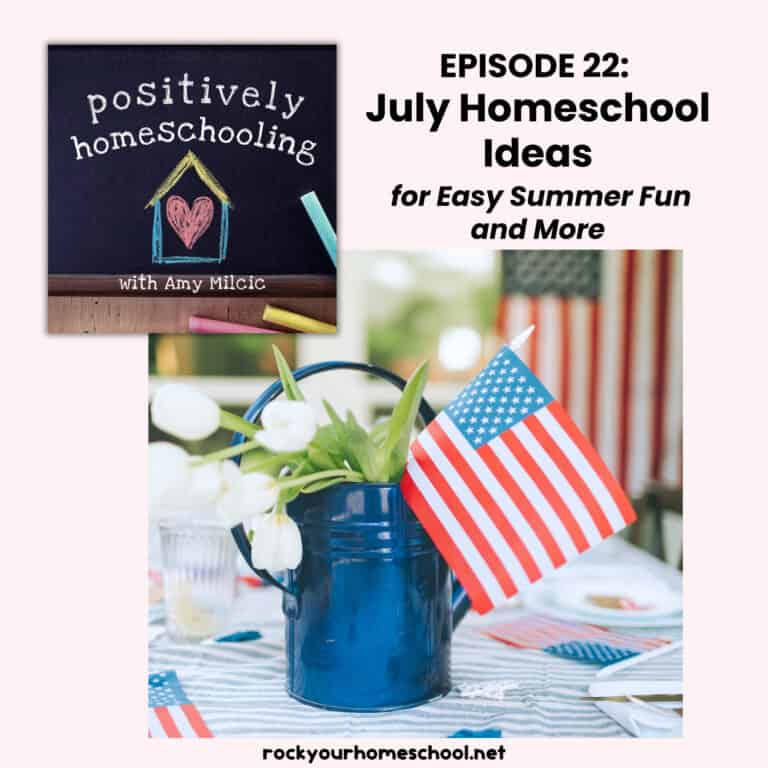 Small American flag in blue glass jar with white flowers on picnic table for relaxed and fun July homeschool ideas.