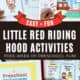 Examples from free printable Little Red Riding Hood activities set with coloring pages, sorting, pattern path, weekly guide, and story props featuring Little Red Riding Hood, cottage, and wolf dressed as grandma in bed.