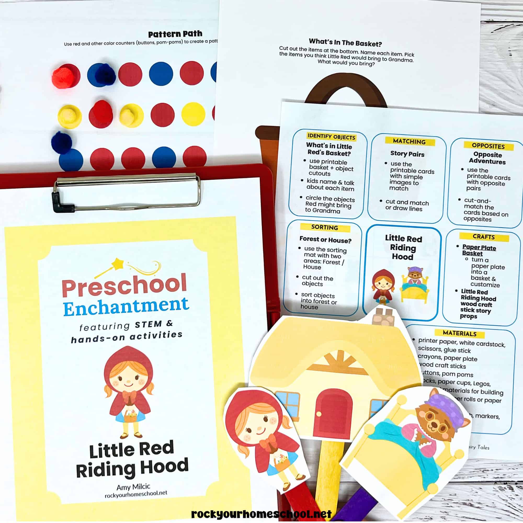 Examples from free printable Little Red Riding Hood activities set with pattern path, weekly guide, and story props featuring Little Red Riding Hood, cottage, and wolf dressed as grandma in bed.