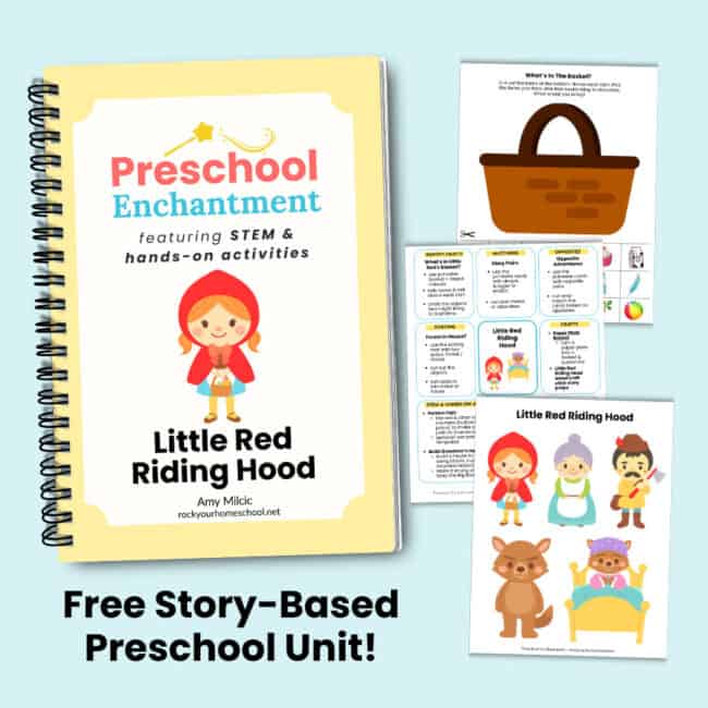 Cover of Little Red Riding Hood Unit for Preschool Enchantment in wire notebook and examples from this activities pack for preschoolers.