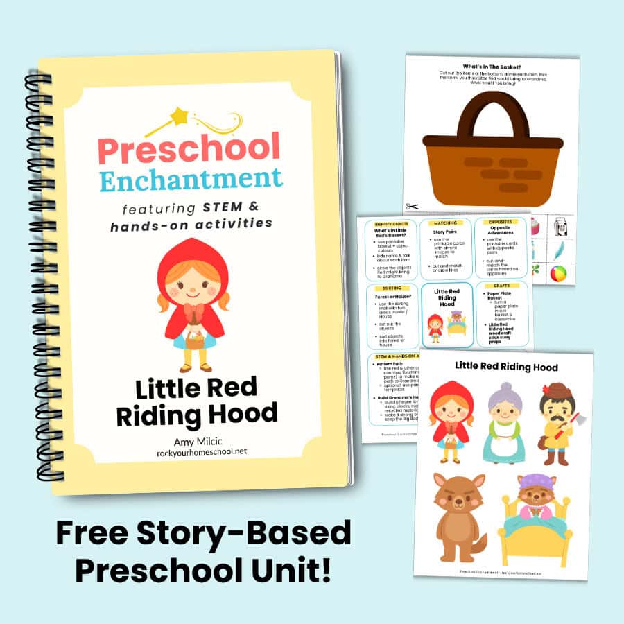 Cover of Little Red Riding Hood Unit for Preschool Enchantment in wire notebook and examples from this activities pack for preschoolers.