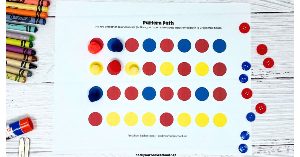 Pattern Path activity with pom poms and buttons.
