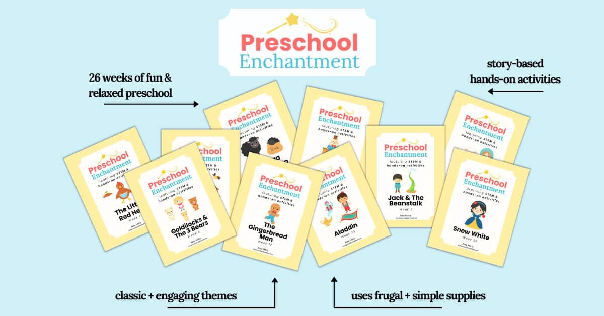 Preschool Enchantment unit studies covers featuring The Gingerbread Man, Snow White, The Little Red Hen, and more.