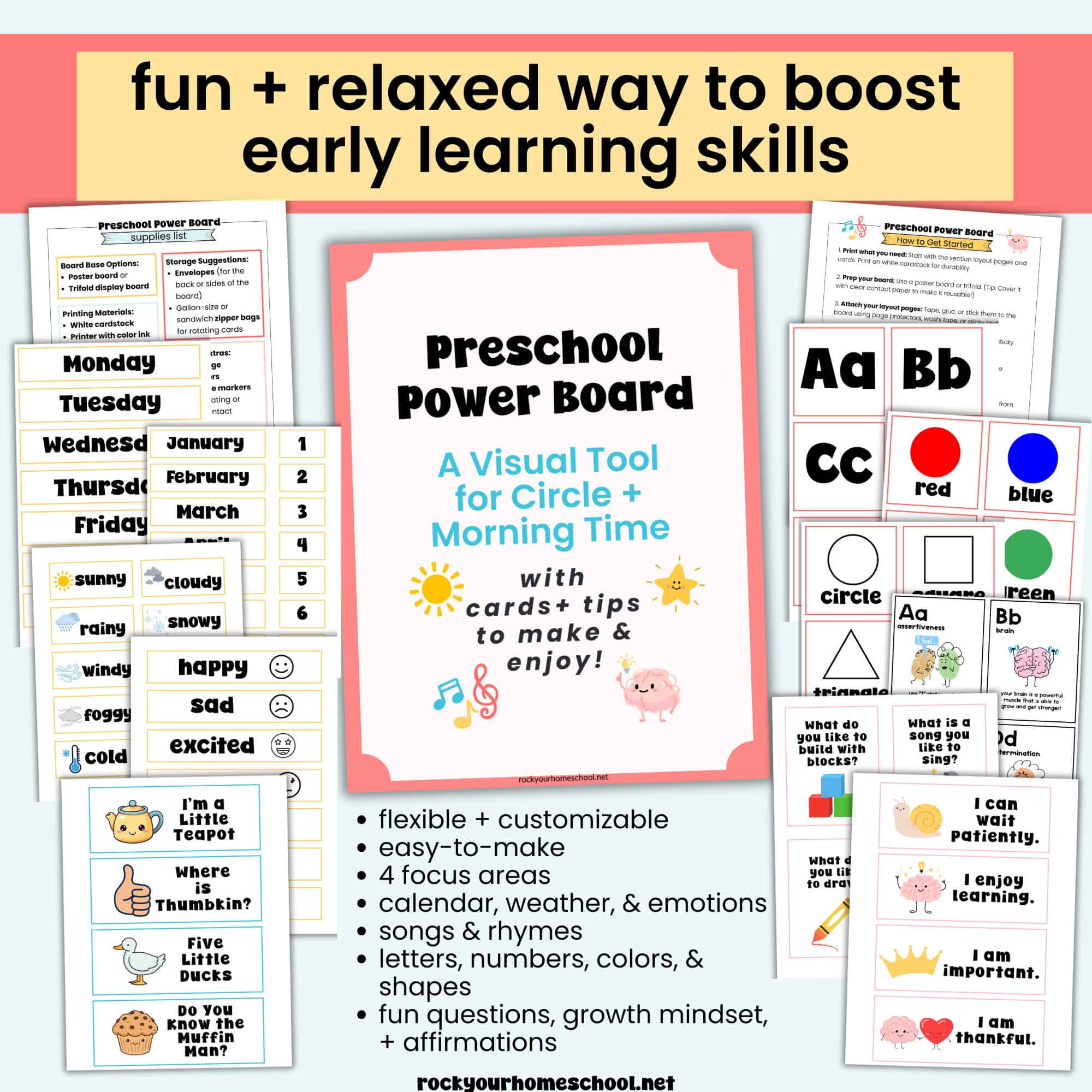 Cover of Preschool Power Board Kit with examples of supplies list, how to get started, and printable cards.