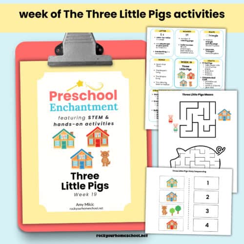 Cover of Preschool Enchantment's The Three Little Pigs unit study with guide and activities.