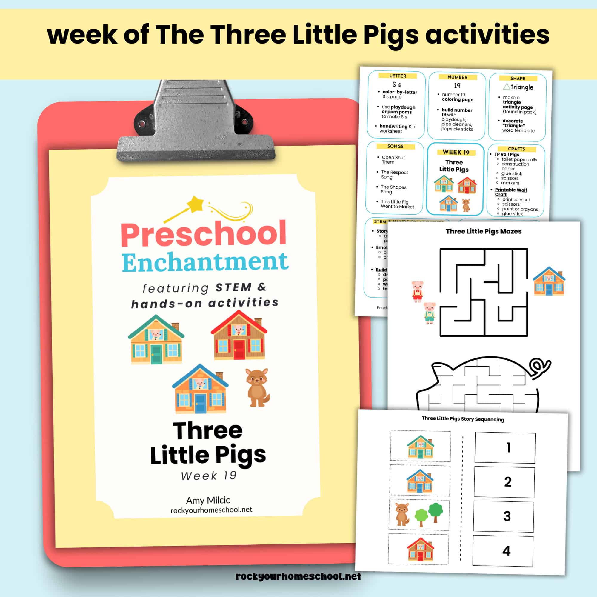 Cover of Preschool Enchantment's The Three Little Pigs unit study with guide and activities.
