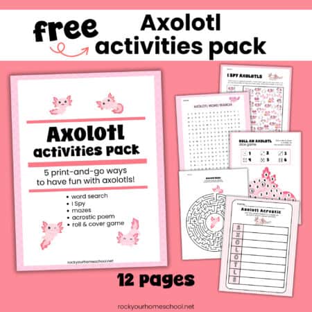 Axolotl activities pack cover with I Spy, word search, roll and cover game, maze, and acrostic poem.