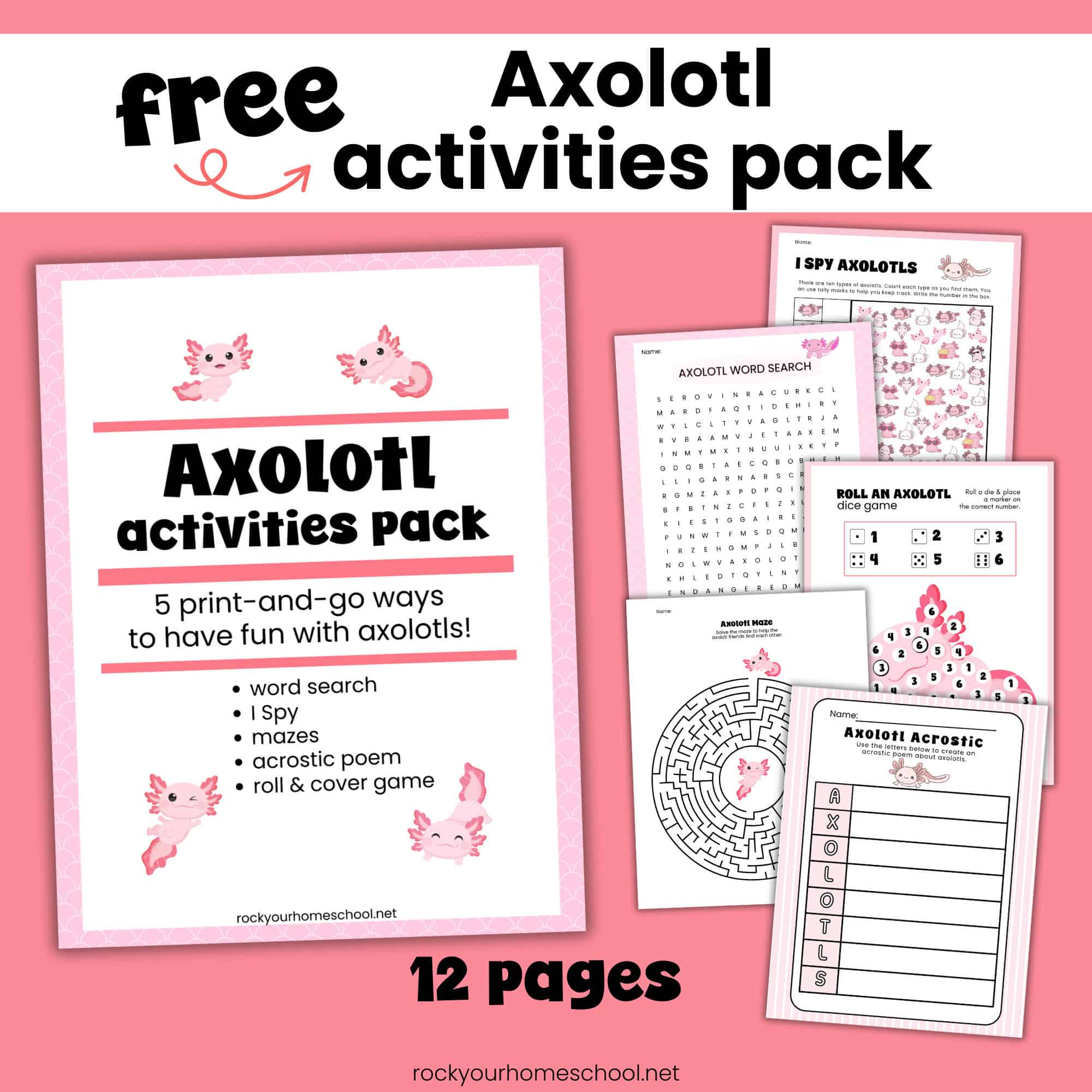 Axolotl activities pack cover with I Spy, word search, roll and cover game, maze, and acrostic poem.