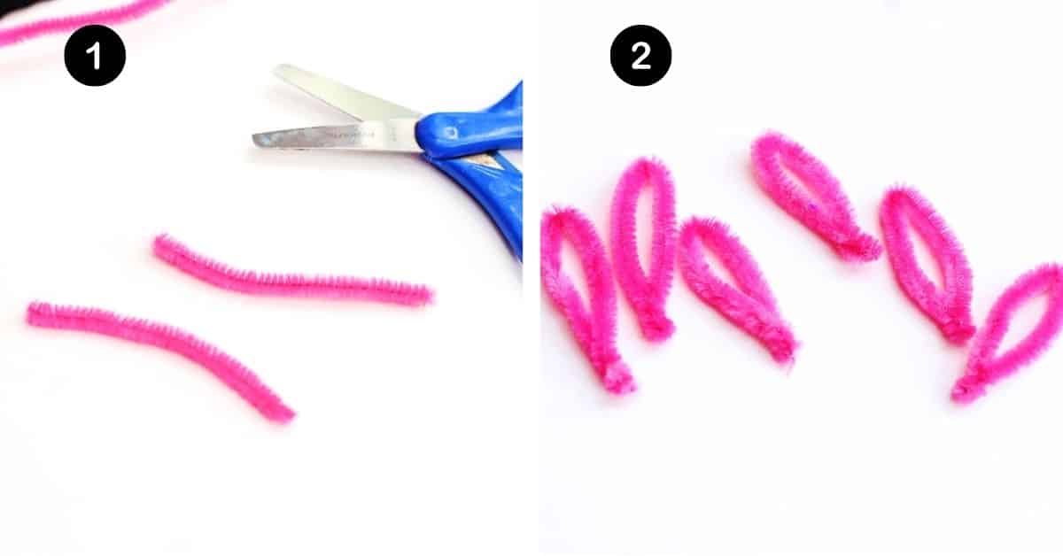 Pink pipe cleaners cut with scissors and 6 formed into loops.