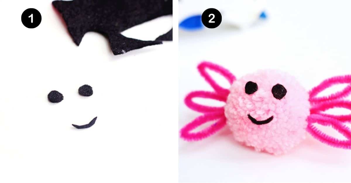 Black felt with 2 small circles and smile shape and example of pom pom axolotl craft.