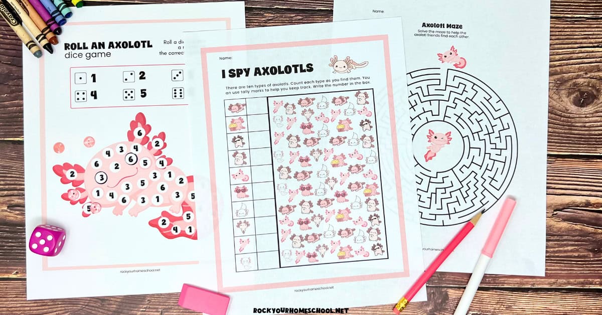 Axolotl printables of Roll an Axolotl dice game, I Spy axolotls, and axolotl maze.
