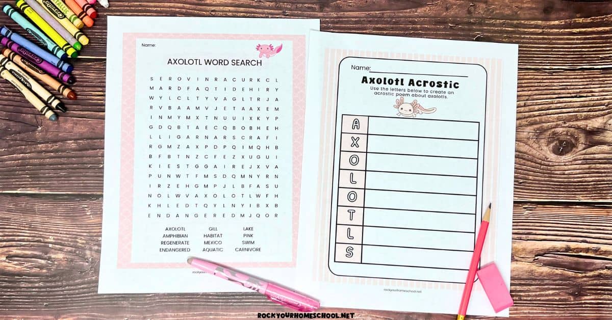 Axolotl word search and acrostic poem page.