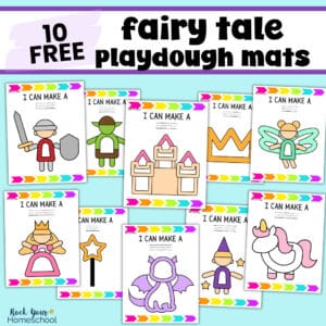10 fairy tale playdough mats featuring knight, goblin, castle, crown, fairy, princess, wand, dragon, wizard, and unicorn.