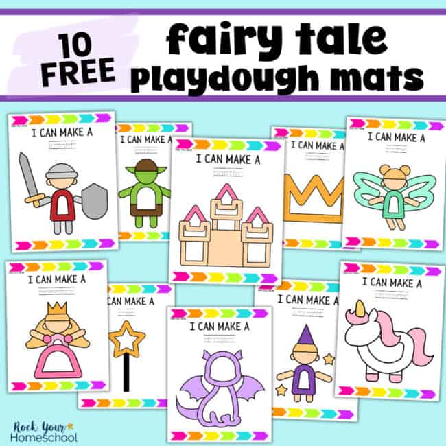 10 fairy tale playdough mats featuring knight, goblin, castle, crown, fairy, princess, wand, dragon, wizard, and unicorn.