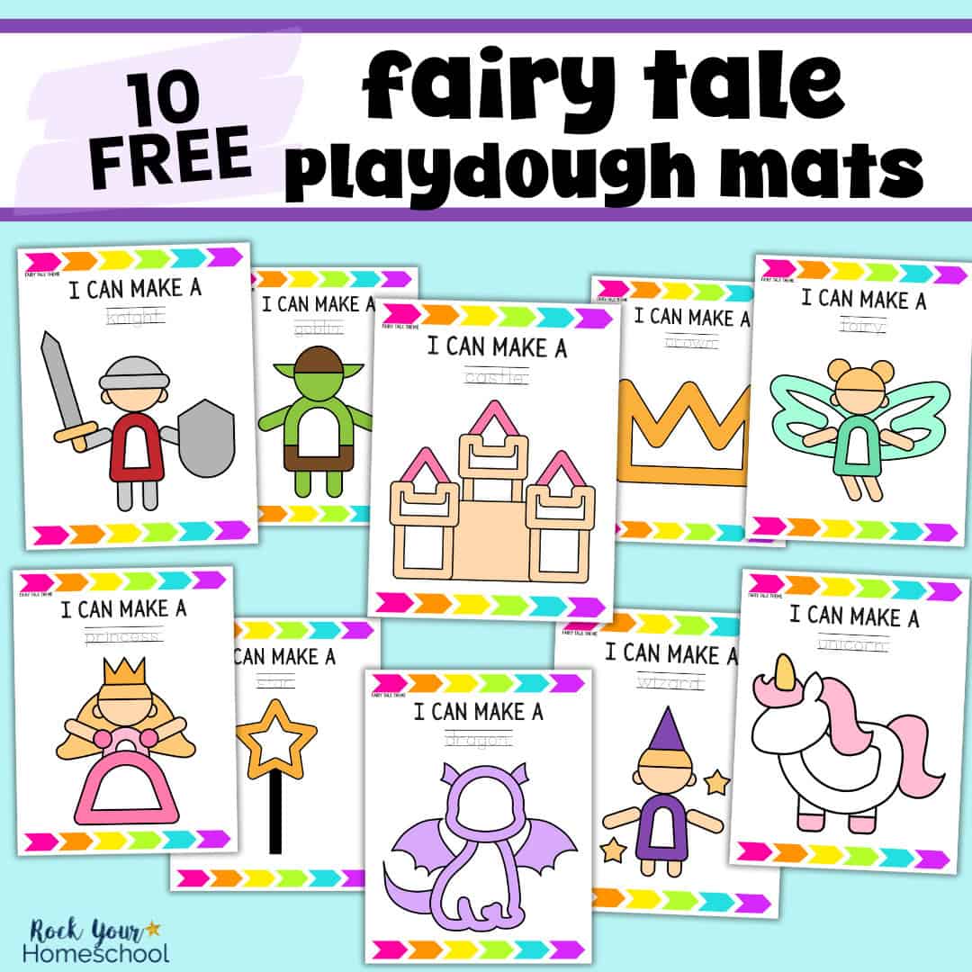 10 fairy tale playdough mats featuring knight, goblin, castle, crown, fairy, princess, wand, dragon, wizard, and unicorn.
